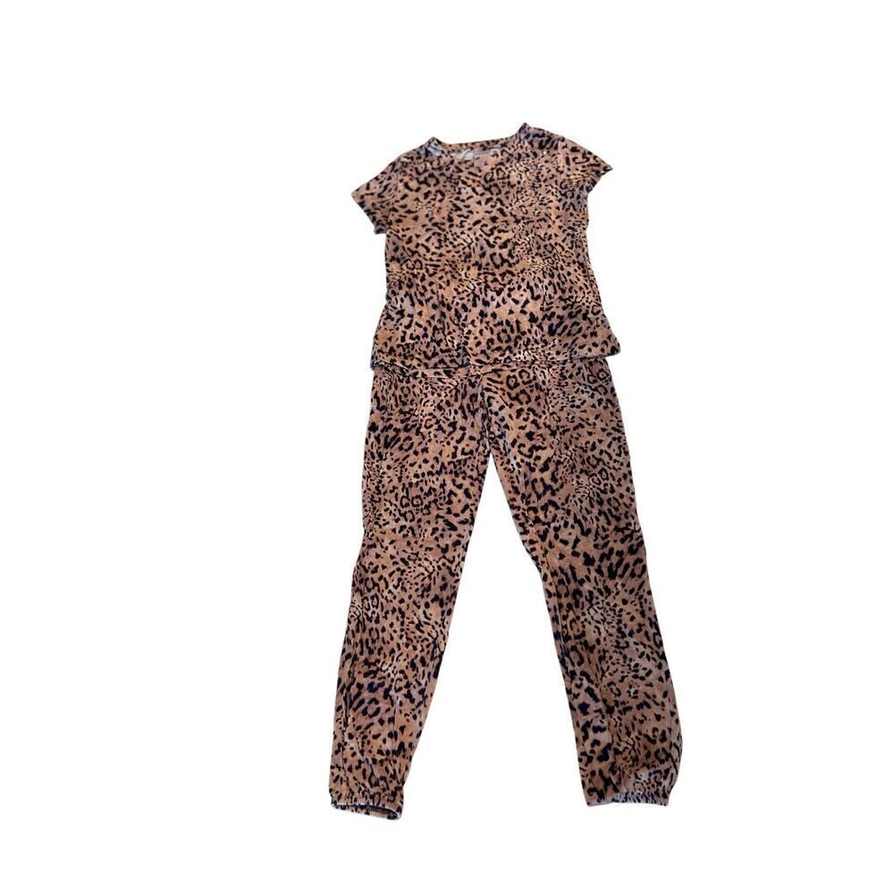 Soma Women's Leopard Print T-shirt And Jogger Pants Pajama Set Tan Black XS